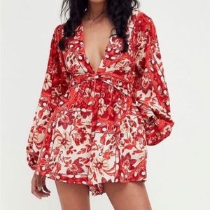 New with tags Free People  Long sleeve red & white paisley shorts romper